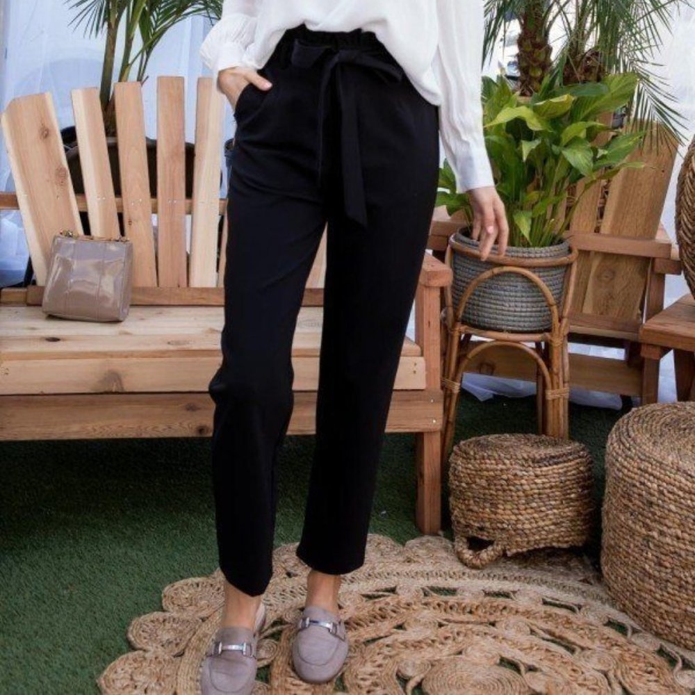 Ruffle High Waist Belt Side Pocket Front Zipper Solid Pants
